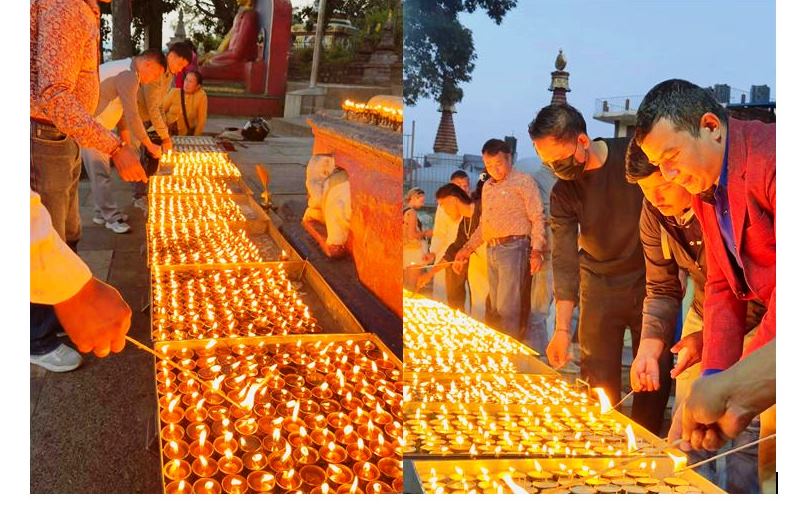 भोटेकोसी बाढीमा दिवङ्गतहरूको ४९ औँ दिनको पुण्यतिथिमा स्वयम्भूमा छ्युमी दीप प्रज्वलन